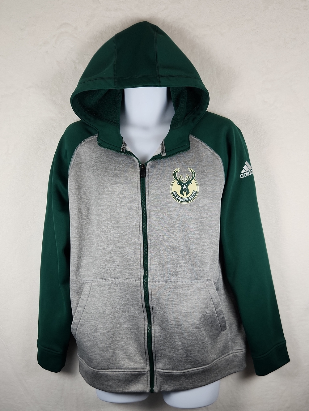 Adidas Team Issue Milwaukee Bucks Hoodie Full-Zip Green And Grey Men's Size L